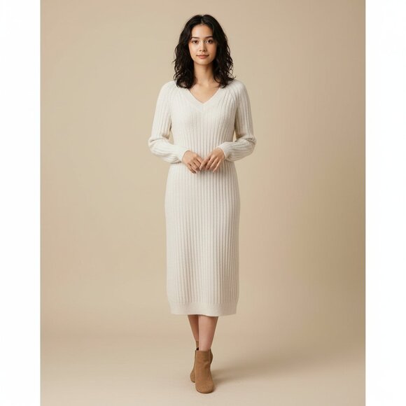 H&M Womens Xsmall Vneck Ribbed Wool Ivory Sweater Dress - Picture 1 of 13